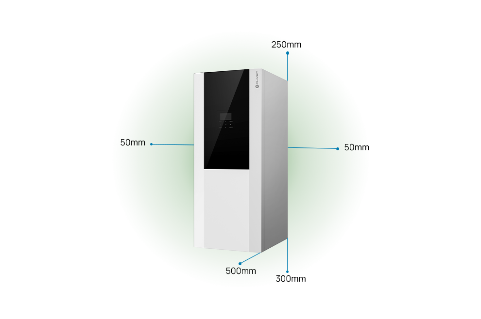 Respect distances to be maintained 500mm front, 50mm both sides, 300mm below, 250mm above.