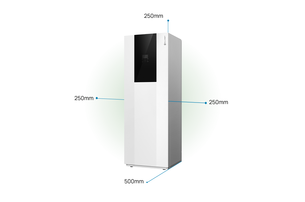 Distances to maintain indoor unit: 500 millimetres front, 250 millimetres both sides, 250 millimetres top side.