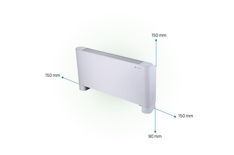 Distances to be maintained from the AURA unit: 150 millimetres both sides, 150 millimetres above, 90 millimetres below.