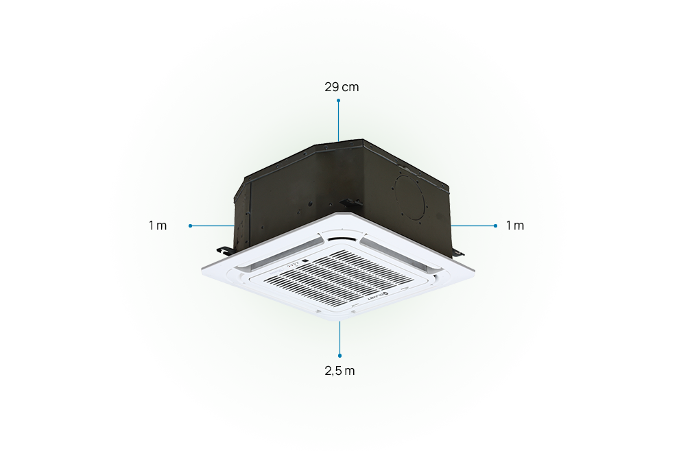 Respect distances to be maintained for BOX 2 650X650: 1 metre both sides, 2.5 metres below and 29 centimetres above.