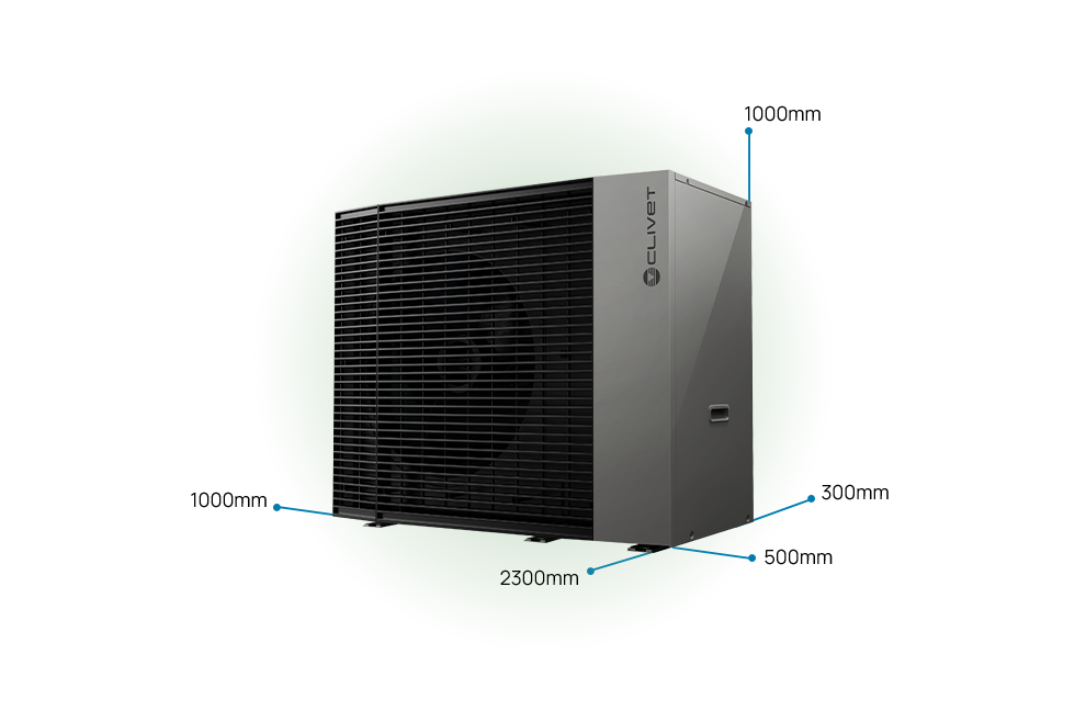 Respect distances to be maintained 500 millimetres on left side, 500 millimetres right side, 2300 millimetres in front, 300 millimetres back and 1000 millimetres above,